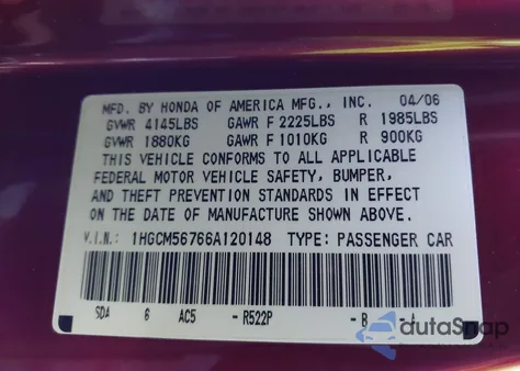 2006 Honda Accord 2.4 Ex из США, поврежденный, VIN 1HGCM56766A120148